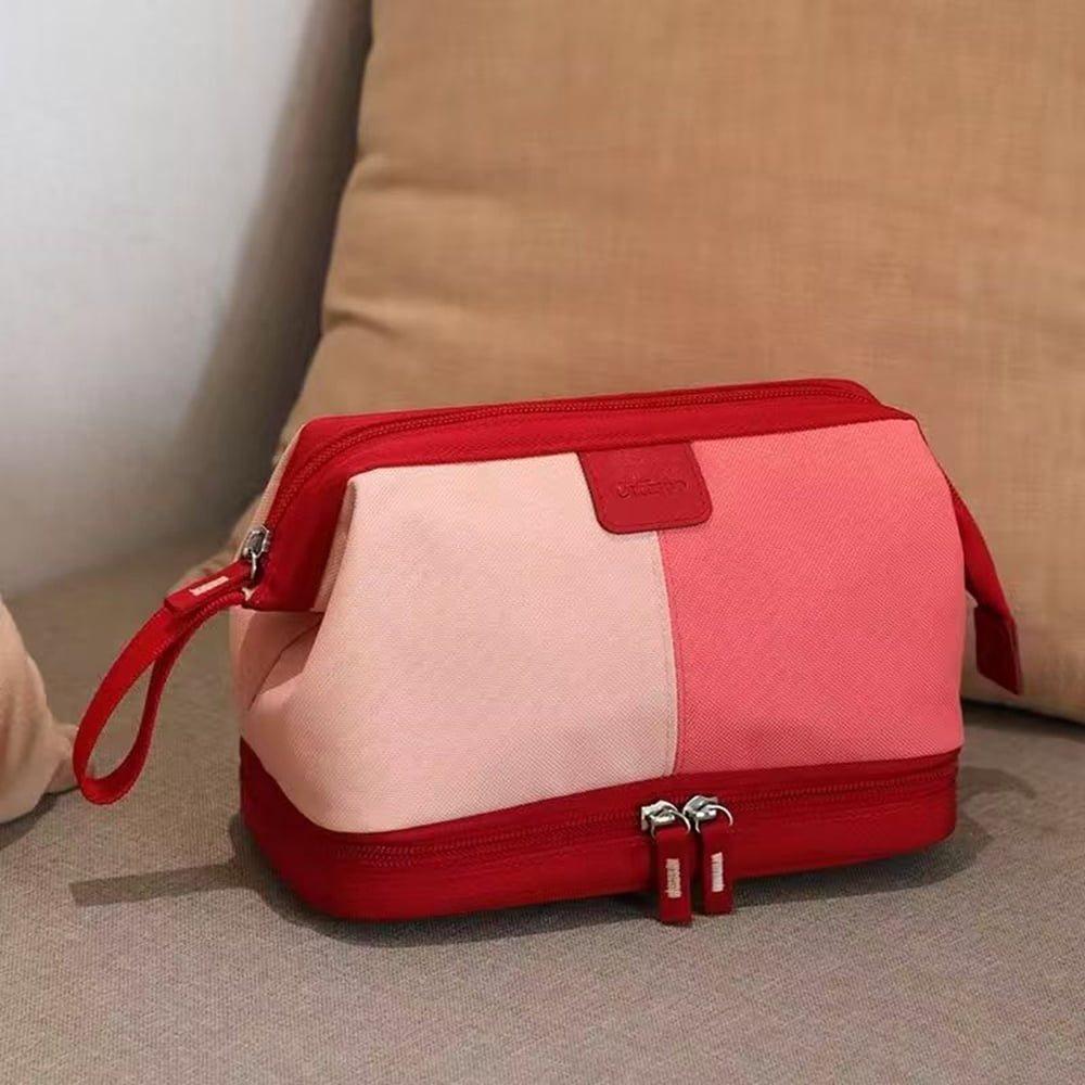 Waterproof Woman's Travel Toiletry Bag,Double Layer Makeup Cosmetic Organizer Pouch,Wet &Dry -Red