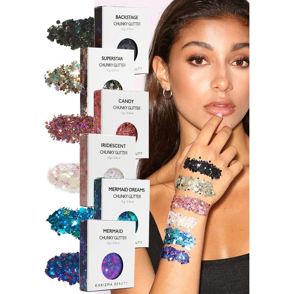 KARIZMA ¡Besa mi bajo! 6X 10g Chunky Face Glitter Cabello Ojos y Cuerpo Glitter para mujeres y hombres. Accesorios Rave Glitter Festival y maquillaje cosmético. Ollas Sueltas