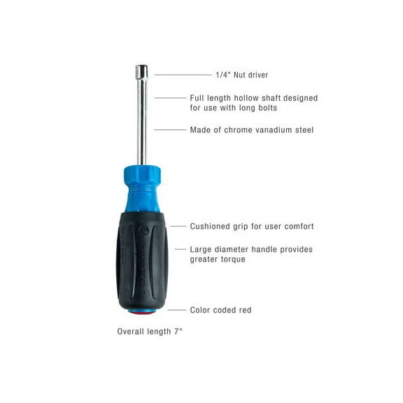 DASAW-ND-63014, Nut Driver, 1/4" Hex Tip, 3" Hollow Shaft with Wide Ergonomic Comfort Grip