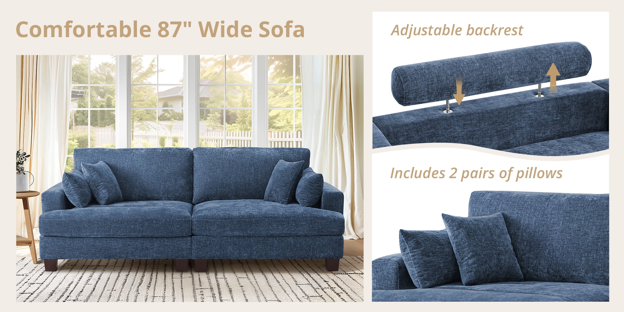 Dycanpo 3 Seater Corduroy Sectional Sofa with Pillow, 88" Upholstered Blue Couch,, Loveseat Sofa for Living Room, Blue