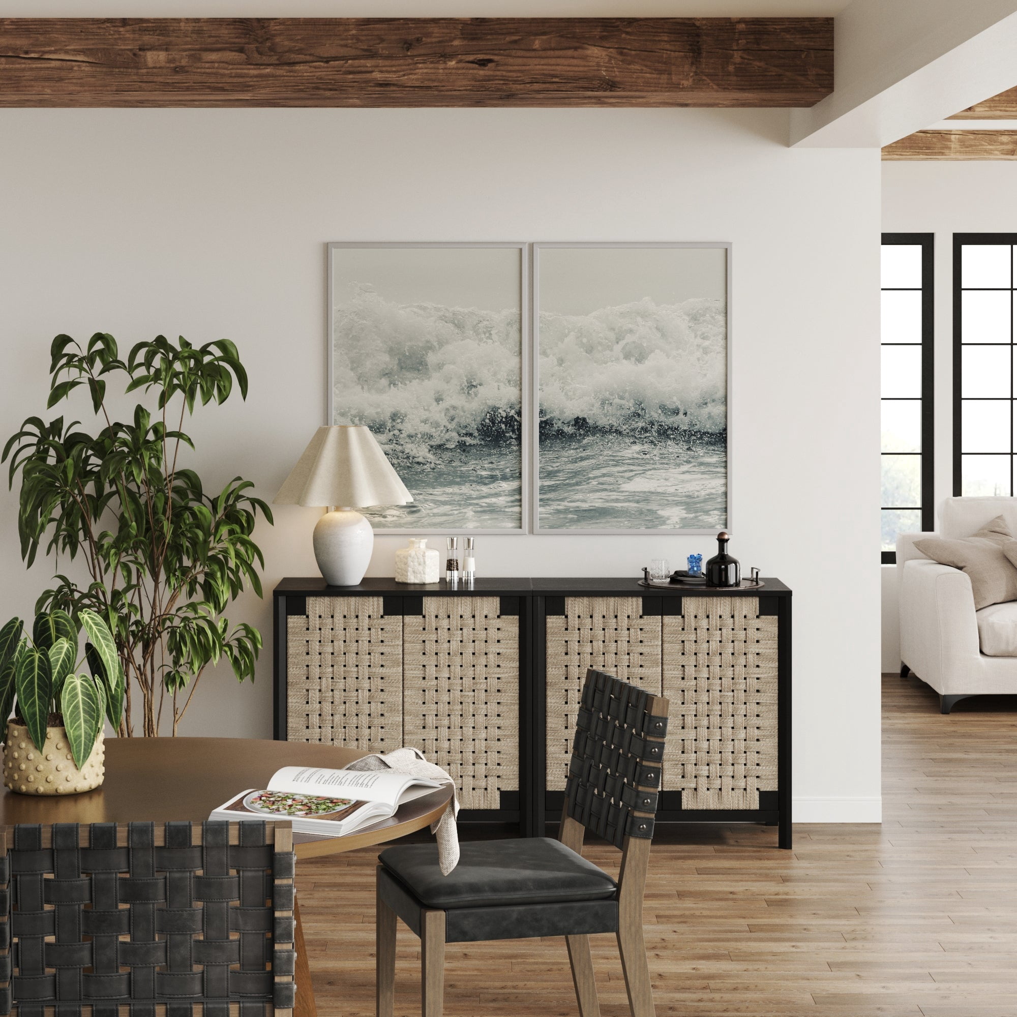 Nathan James Aerie Rustic Wood Cabinet, Boho Living Room Storage Cabinet with Seagrass Door Panels and Solid Wood Legs, Black