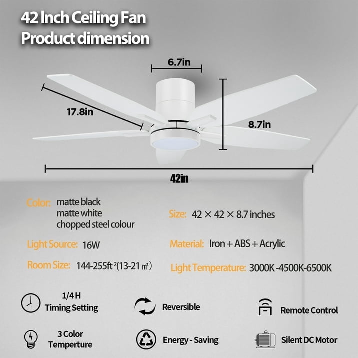 Vagizm 42 Inch Flush Mount Ceiling Fan with Light - 5 Blades Modern Ceiling Fan for Living Room and Bedroom - Quiet DC Motor - Dimmable - Reversible Function - White