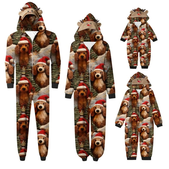 Odeerbi Christmas Onesie Pajamas for Family Holiday Sleep Jumpsuit Long Sleeve Family Christmas Pajamas Matching Sets Dad Printed Loungewear Jumpsuit Sleepwear Xmas PJs Set Coffee