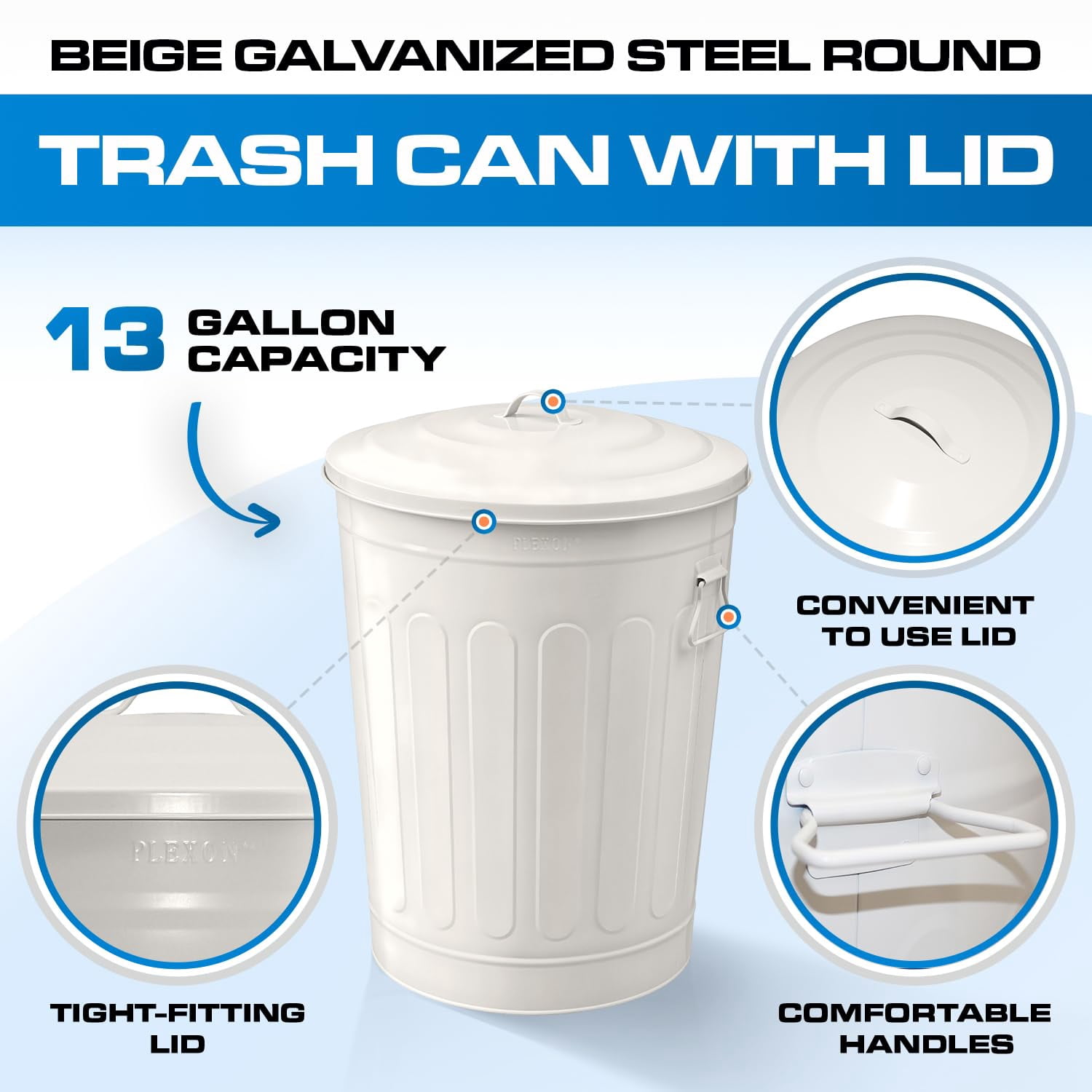 13-Gallon Beige Galvanized Steel Round Fire Resistant Trash Can with Lid
