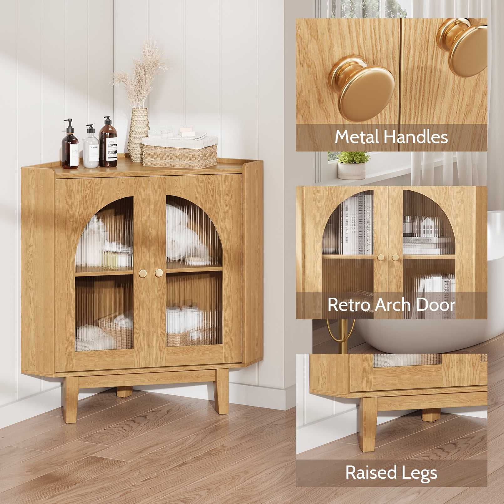 Vividwood Floor Corner Cabinet with Doors and Shelves, Fluted Storage Cabinet Freestanding Corner Cabinet for Bathroom, Kitchen, Living Room, Wood