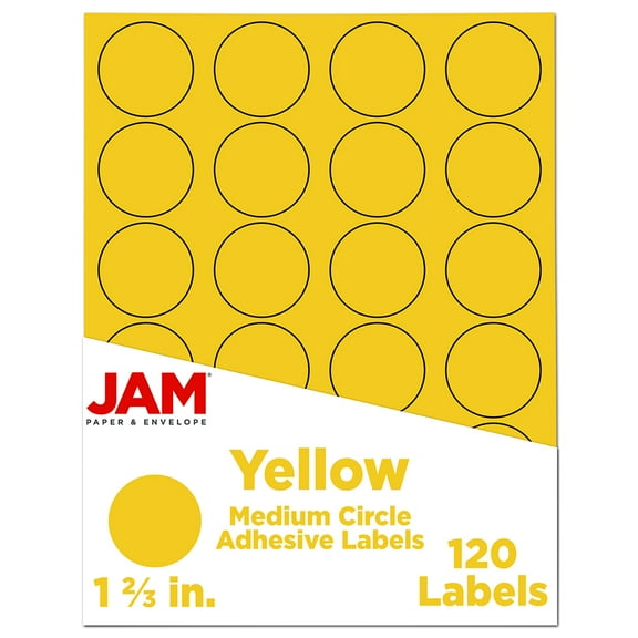 JAM Paper Circle Label Sticker Seals, 1 2/3 in Diameter, Yellow, 120 Labels/Pack