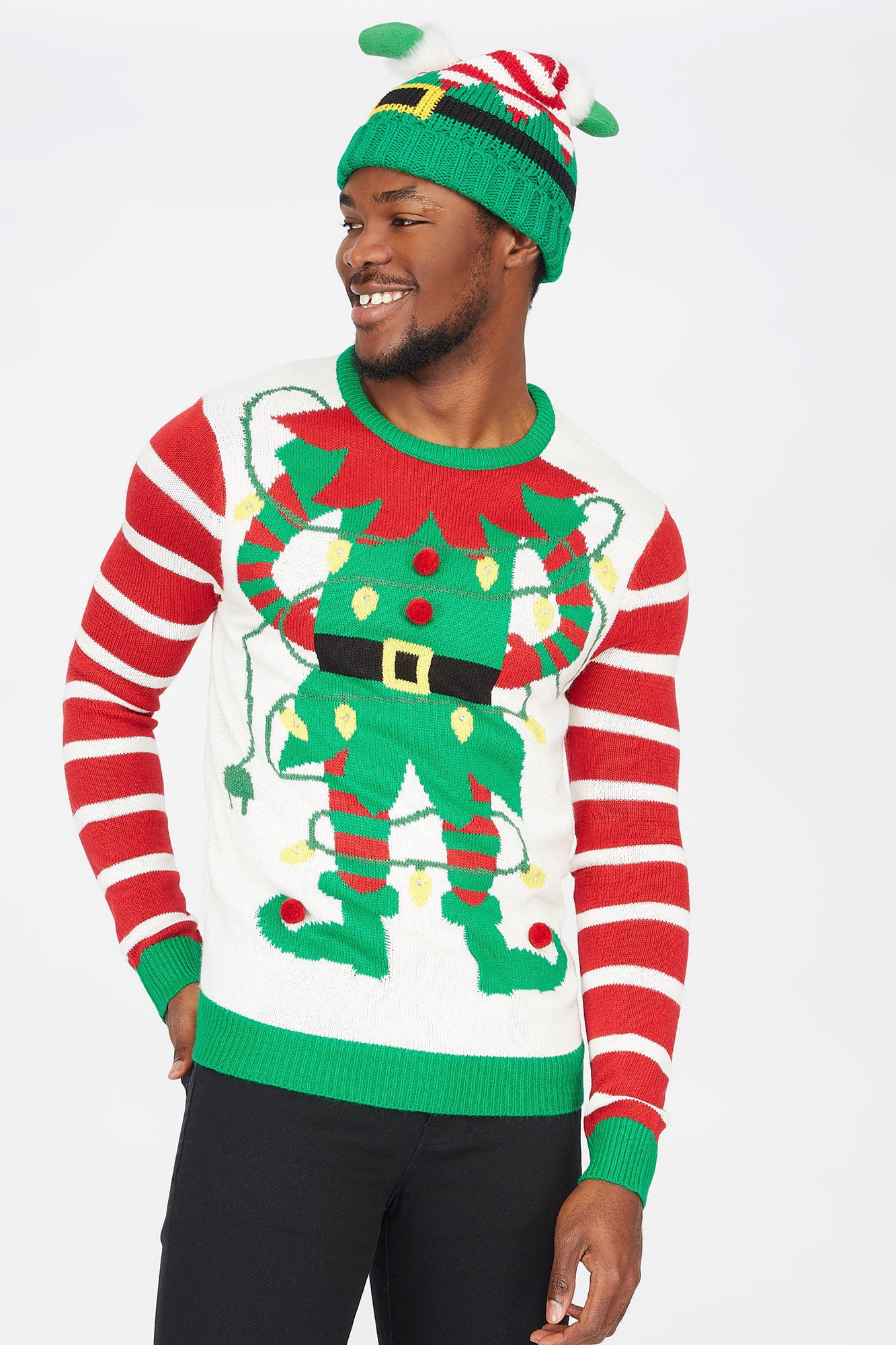 Urban Men's LightUp Elf Graphic Ugly Christmas Sweater