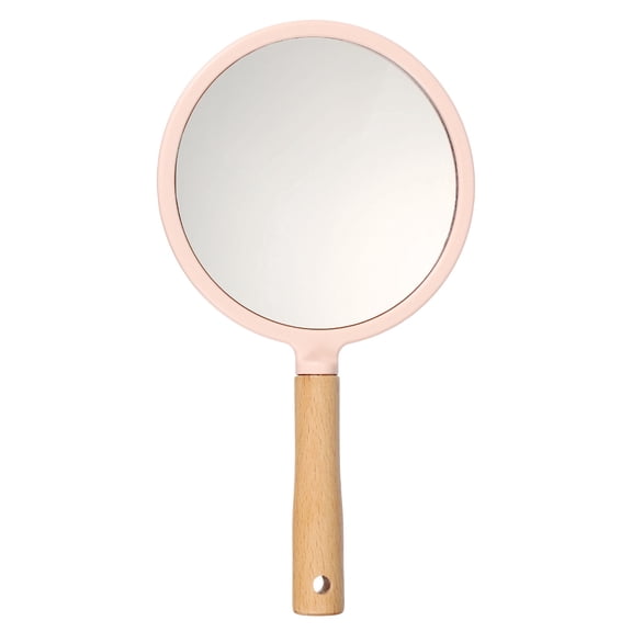 Uxcell 1 Pcs Hand Held Mirror, Wood Portable Hand Vanity Mirrors Single Side with Hook Hole for Bathroom, Bedroom, Travel, & Makeup Use, Pink(Round)