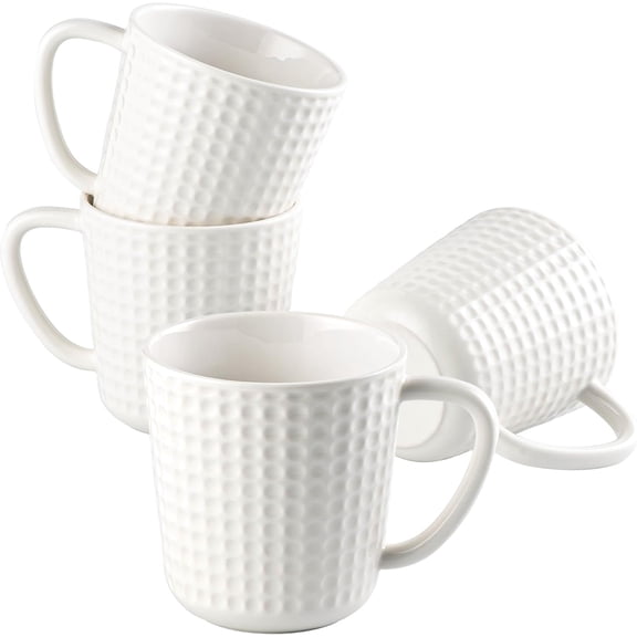 Ceramic Coffee Mugs Set of 4, 15oz White Coffee Mugs with Embossed Grid Texture, Large Modern Minimalist Coffee Cups for Latte, Cappuccino, Cocoa, Tea, Housewarming Gift, Microwave & Dishwasher Safe