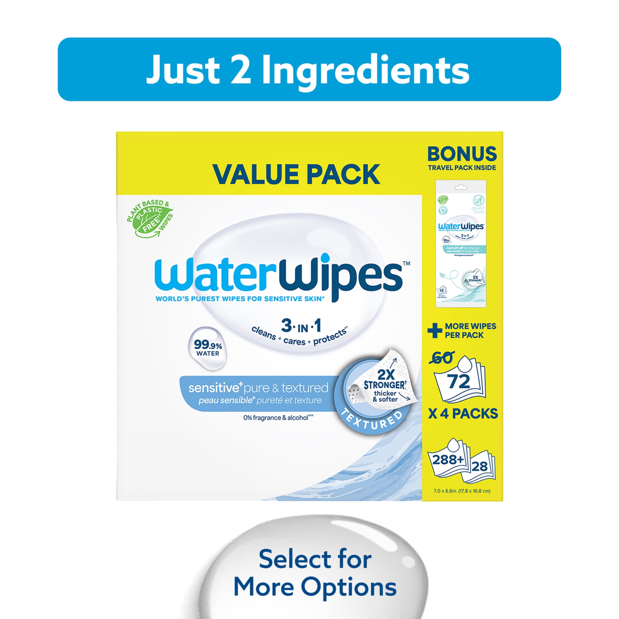 WaterWipes Sensitive Pure & Textured Wipes, 99.9% Water, Unscented & Hypoallergenic, 288 Count + Bonus Pack
