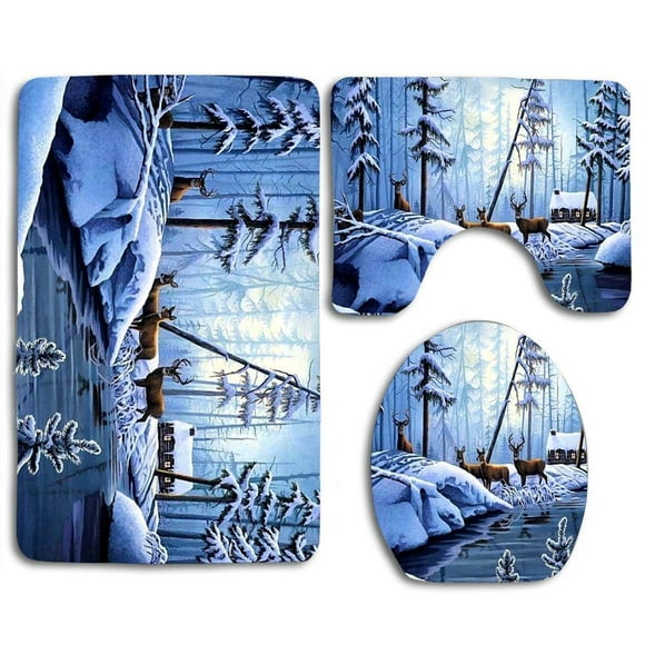 XDDJA Silent Winter Run Forest Snow Cold Deer 3 Piece Bathroom Rugs Set Bath Rug Contour Mat and Toilet Lid Cover