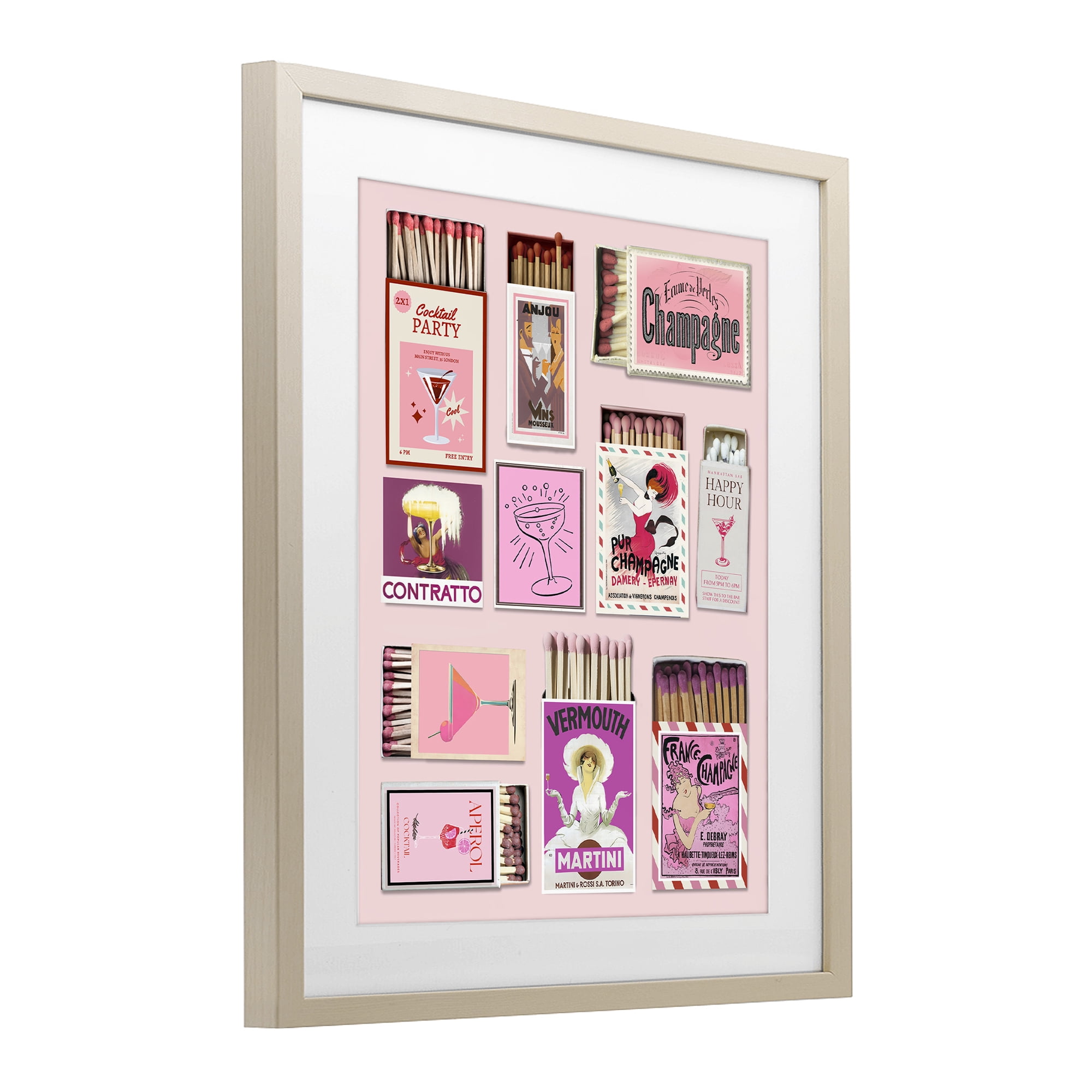 Stupell Industries Champagne & Cocktail Matchboxes Birch Framed Print Under Glass, design by CAD Designs