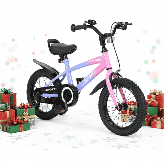 Naipo 14 in Kid Bike for Boys and Girls Gradient Purple Bicycle with Training Wheels Bell and Dual Brakes