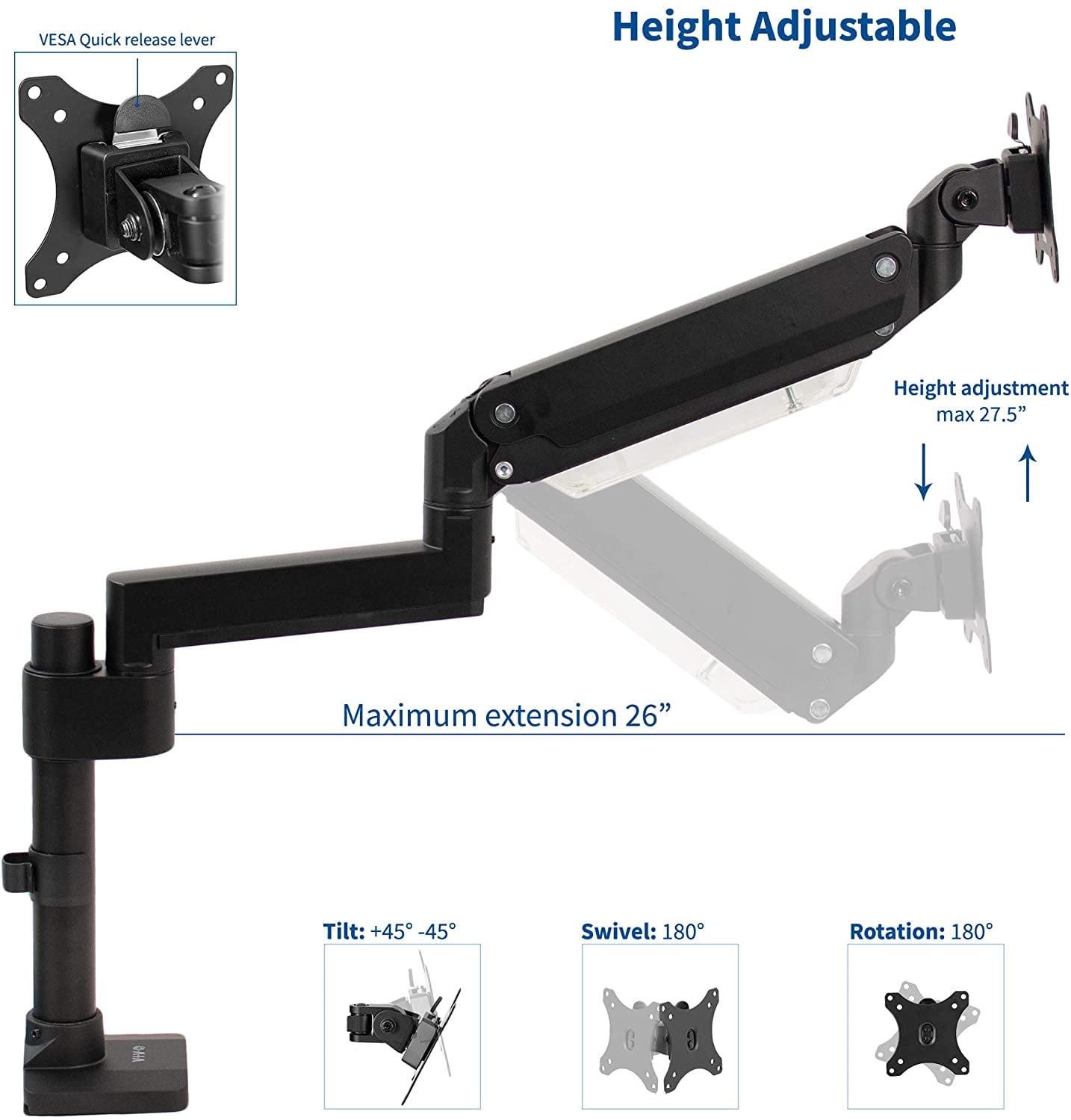 VIVO Premium Aluminum Single Screen Pneumatic Spring Monitor Arm, Desk
