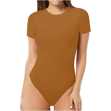 JUUYY Women s Crew Neck Short Sleeve Bodysuit Sexy Basic One Piece Thong Seamless Bodycon Jumpsuit T-Shirt Stretch Underwear Tops Khaki L