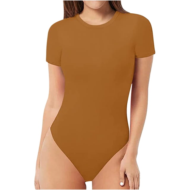 Penkiiy Combinaison Moulante à Manches Courtes et Col Rond pour Femmes, Mode Décontractée, Khaki TP Rompers