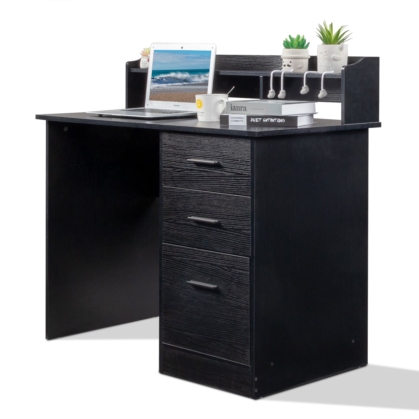 Ktaxon Wood Computer Desk Office Laptop PC Work Table, Writing Desk with 3 Drawers File Cabinet for Letter Size,Black