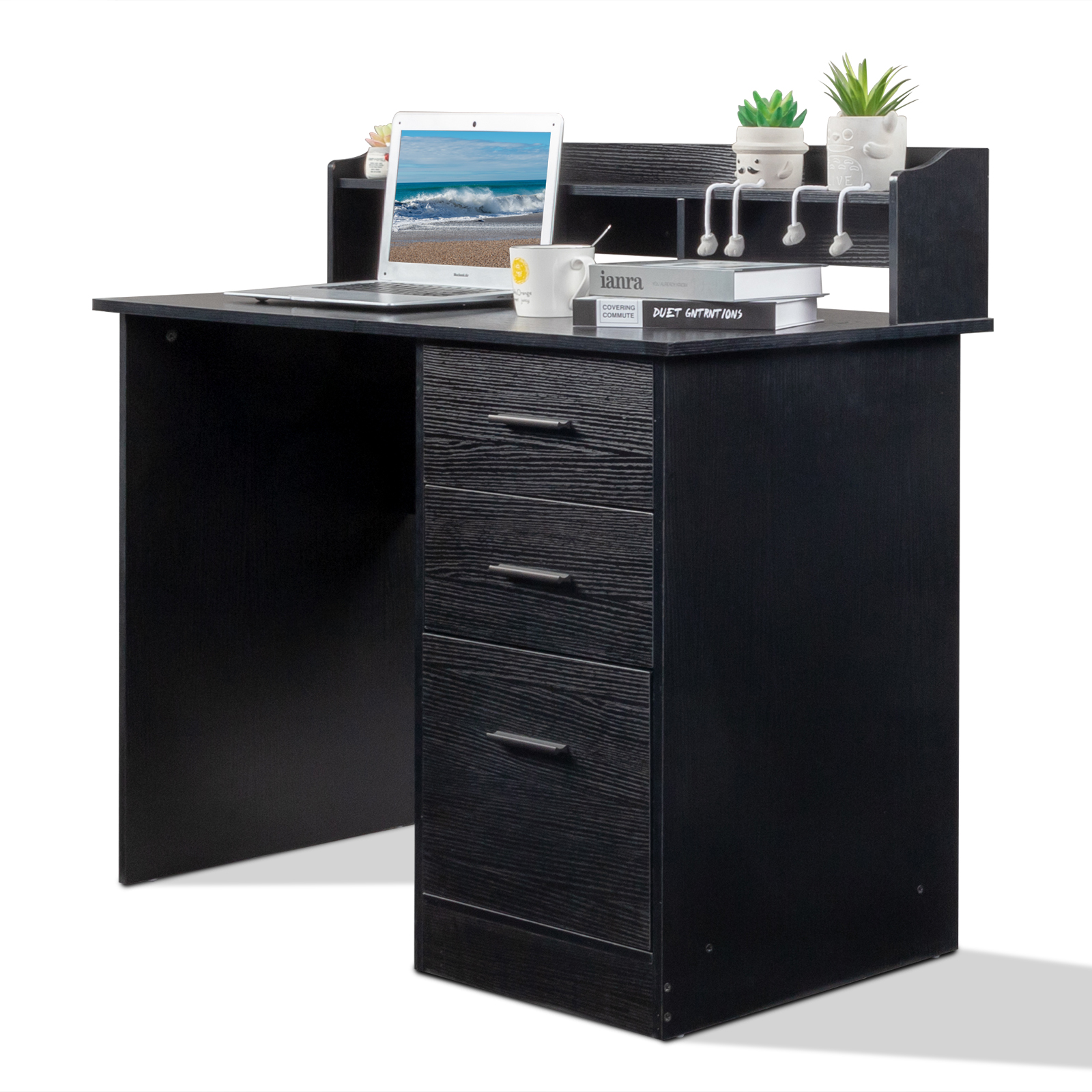 Ktaxon Wood Computer Desk Office Laptop PC Work Table, Writing Desk with 3 Drawers File Cabinet for Letter Size,Black - image 2 of 10