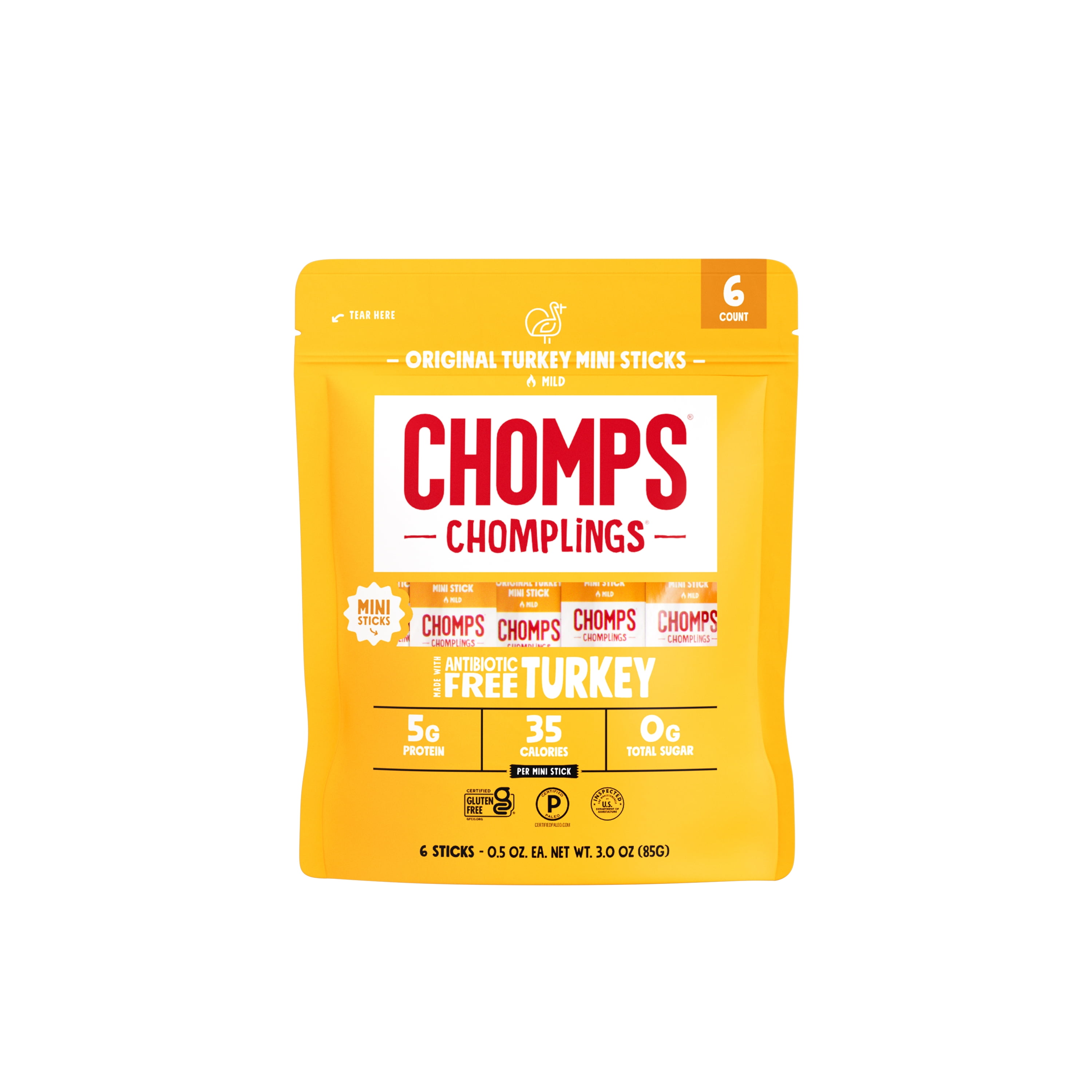 (5 pack) Chomplings Antibiotic Free Original Turkey Mini Jerky Snack Sticks (6 Count)