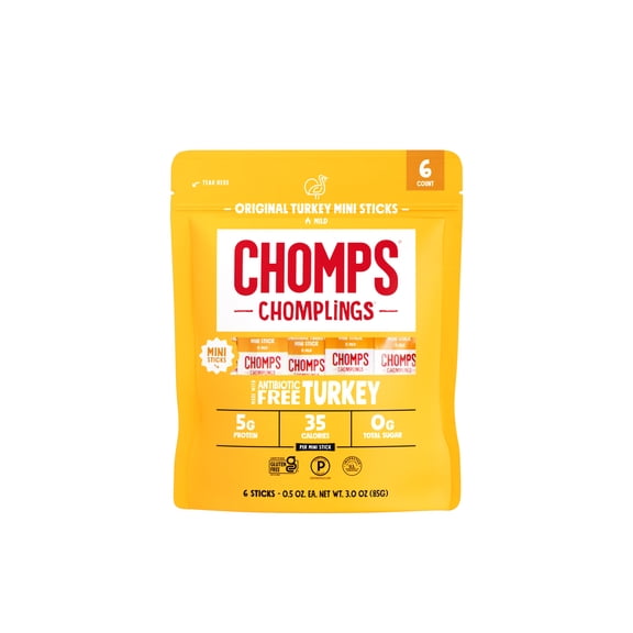 Chomps Chomplings Antibiotic Free Original Turkey mini Jerky Snack Sticks, 5g Protein, 6 Count