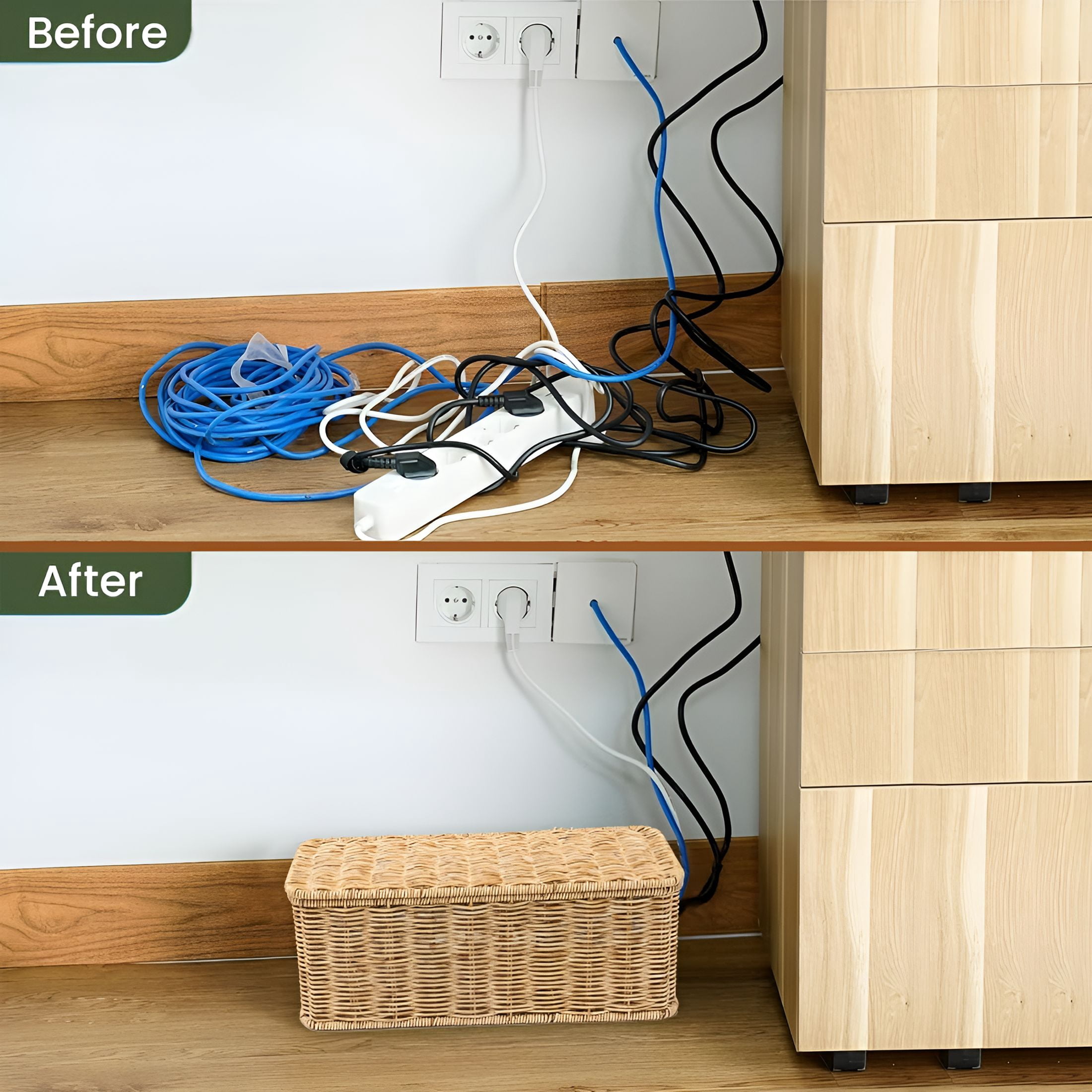 CCOCC Cable Management Box,Handmade Rattan Cable Organizer with 2 Open Slots,Cord Hider for Power Strip,Router & USB Hub,13" x 5.1" x 5.1",Natural