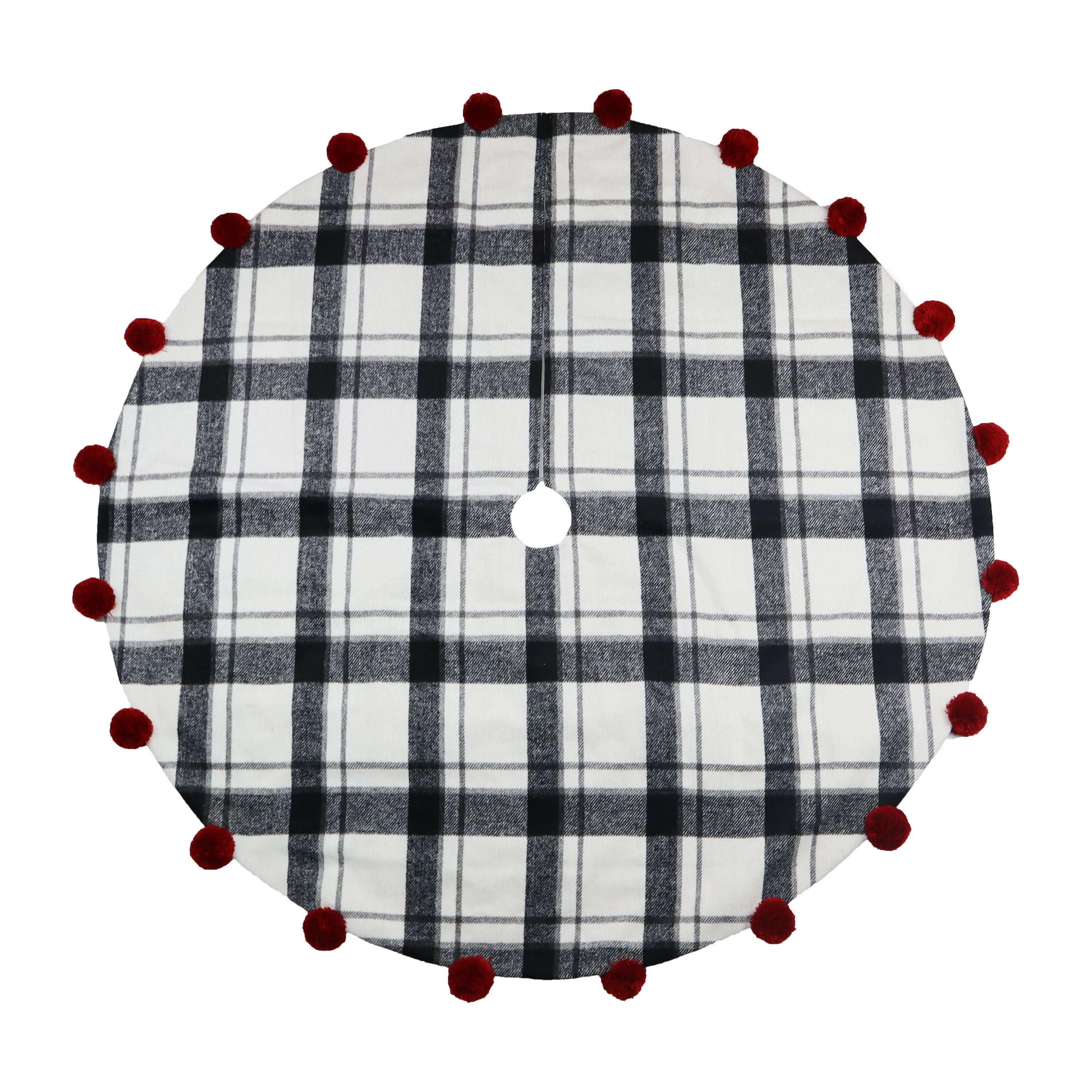 Holiday Time Black and White Plaid Tree Skirt,  with Pom Pom Trim, 48inch Diameter
