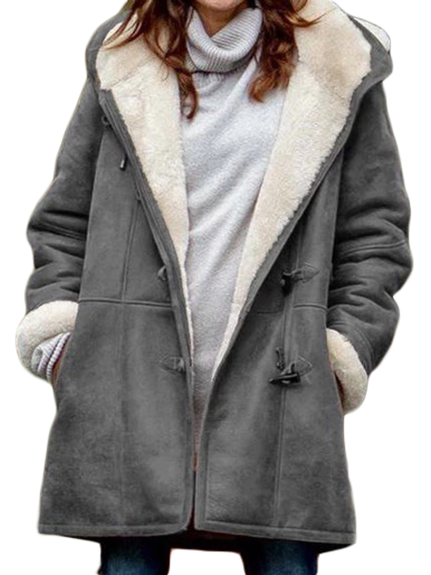 FTXJ Plus Size Women Hooded Long Sleeve Vintage Ladies Fleece Thick Coats Buckle Coat