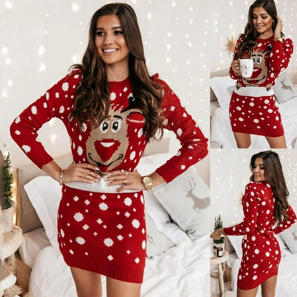 MKLEKYY Off The Shoulder Sweaters Womens Loose Turtleneck Long Pullover Sweater Dress Christmas Sweater Dress Xmas Print Midi Dress Slim Knitted Dresses