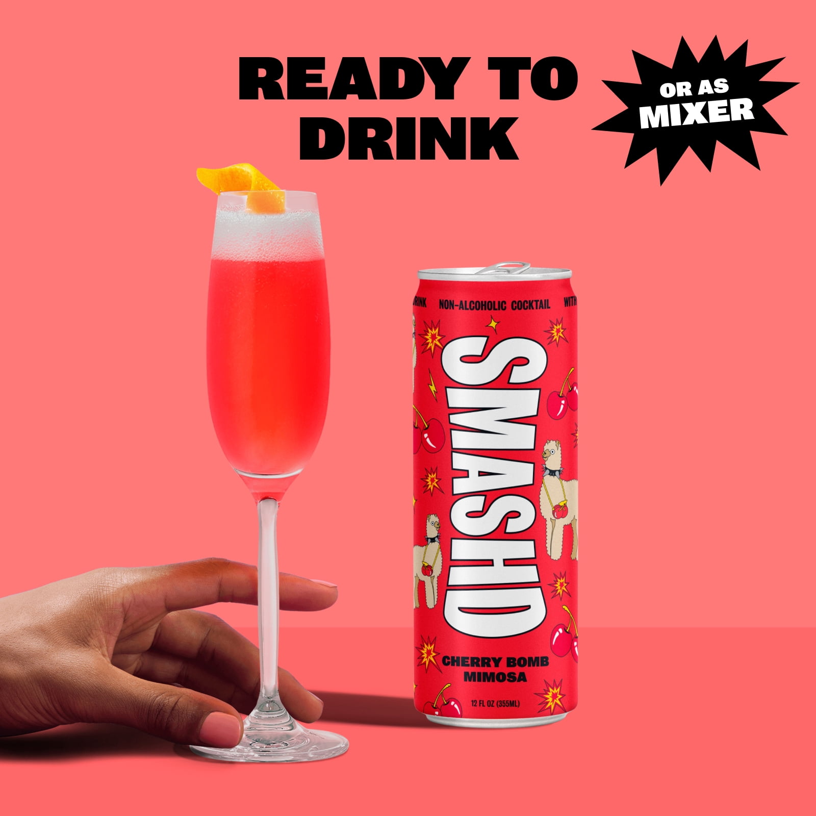 SMASHD Alcohol-Free Mocktails, Non-Alcoholic Beverage Flavored Sparkling Water, Champagne alternative No Artificial Flavors, Caffeine-Free, with electrolytes, 12 Oz&nbsp;Cherry Bomb Mimosa, 12 Pack