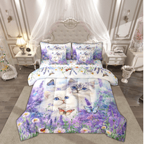 Manfei Kawaii Cat Teens Bedding Comforter Set 7-Piece, Purple Blossoms Flower King Bedding Sets, Dreamy Butterfly Animal Reversible Bed Sheets, Breathable Home Decor