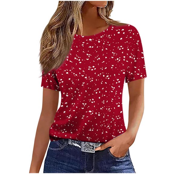Charella Floral Printed Tops for Women Crew Neck Short Sleeve Shirts Loose Fit Tunic Blouses Casual Comfortable Clothes (XL, Wine)