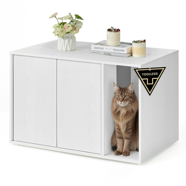 SONGMICS HOME Toolless Assembly Cat Litter Box Enclosure - Side & Coffee Table, Push-to-Open Door, Minimalist Modern, Snow White,