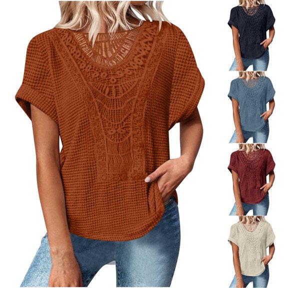 Inverlee Blouses Women Dressy Casual Short Sleeve Tops Lace Trendy Loose Fit Solid Color Shirts Breathable Holiday Tunic Top Summer Fashion