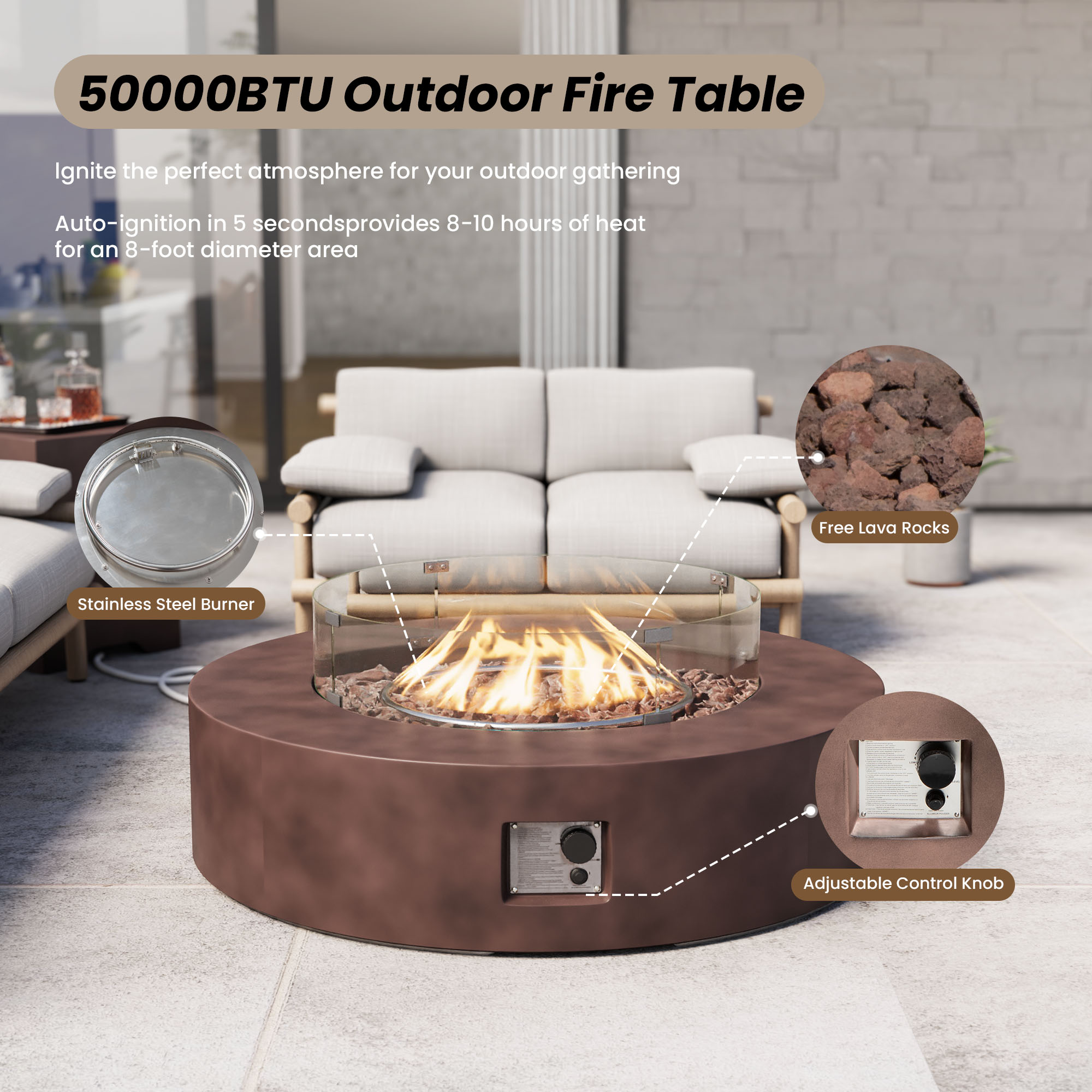 VENTOPYR Outdoor Propane Bronze Round Lightweight Concrete Fire Pit Coffee Table Patio Heater, Wind Guard