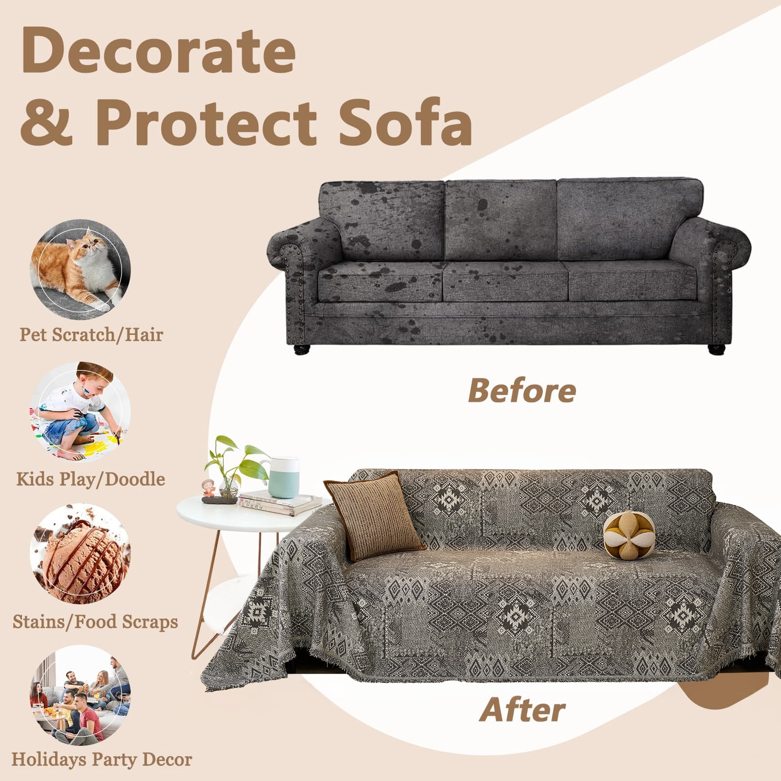 Sanmadrola Reversible Sofa Covers for 3 Cushion Couch, Geometric Jacquard Chenille Slipcover, L Shape Sectional Couch Cover with Tassels, Washable Furniture Protector for Dogs Cats Pet, 71"x118"