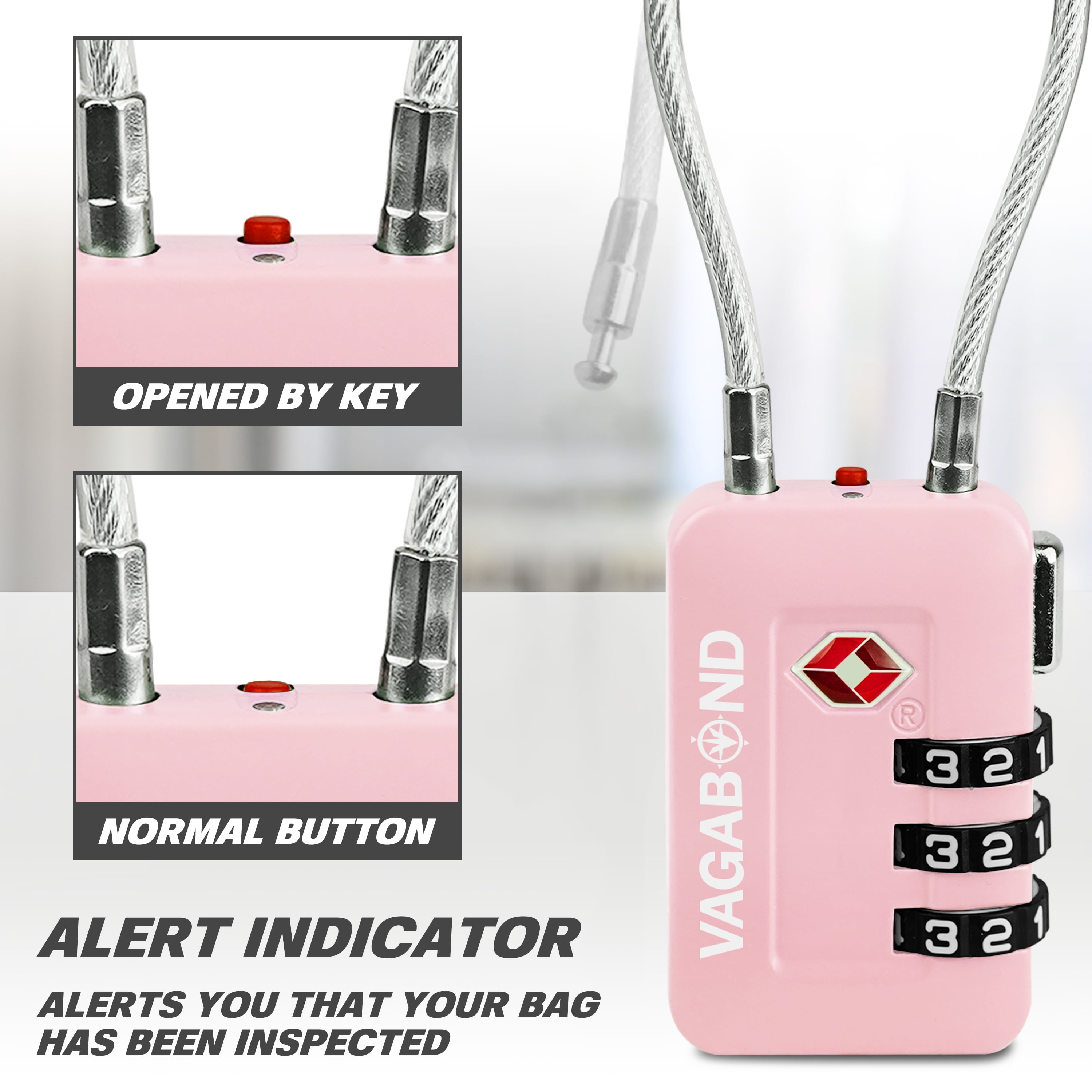 VAGABOND TSA Accepted Luggage Travel Lock 3 Digit Combination Keyless Resettable Suitcase Steel Cable Lock with Zinc Alloy Body Pink 2 Pack
