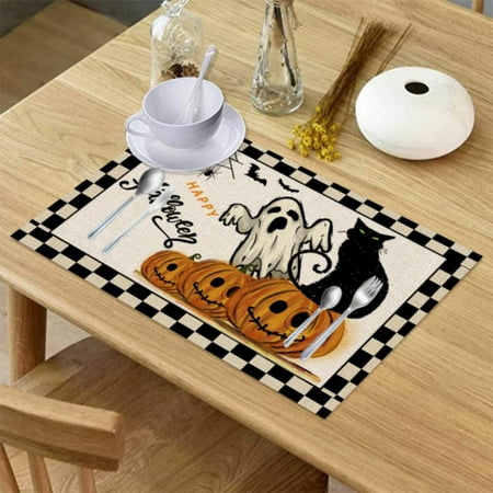 

4Pcs Happy Halloween Fall Placemats Table Mats Buffalo Plaid Kitchen Mat Placemats Heat Resistant Easy Clean Halloween Accessories 42*32cm