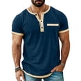 thumbnail image 3 of Hesxuno Mens Linen Henley Shirt Color Contrast Short Sleeve 3 Button Shirts Business Casual Work Tops Lightweight Collarless Golf Shirt with Chest Pocket Navy XXXXL, 3 of 6