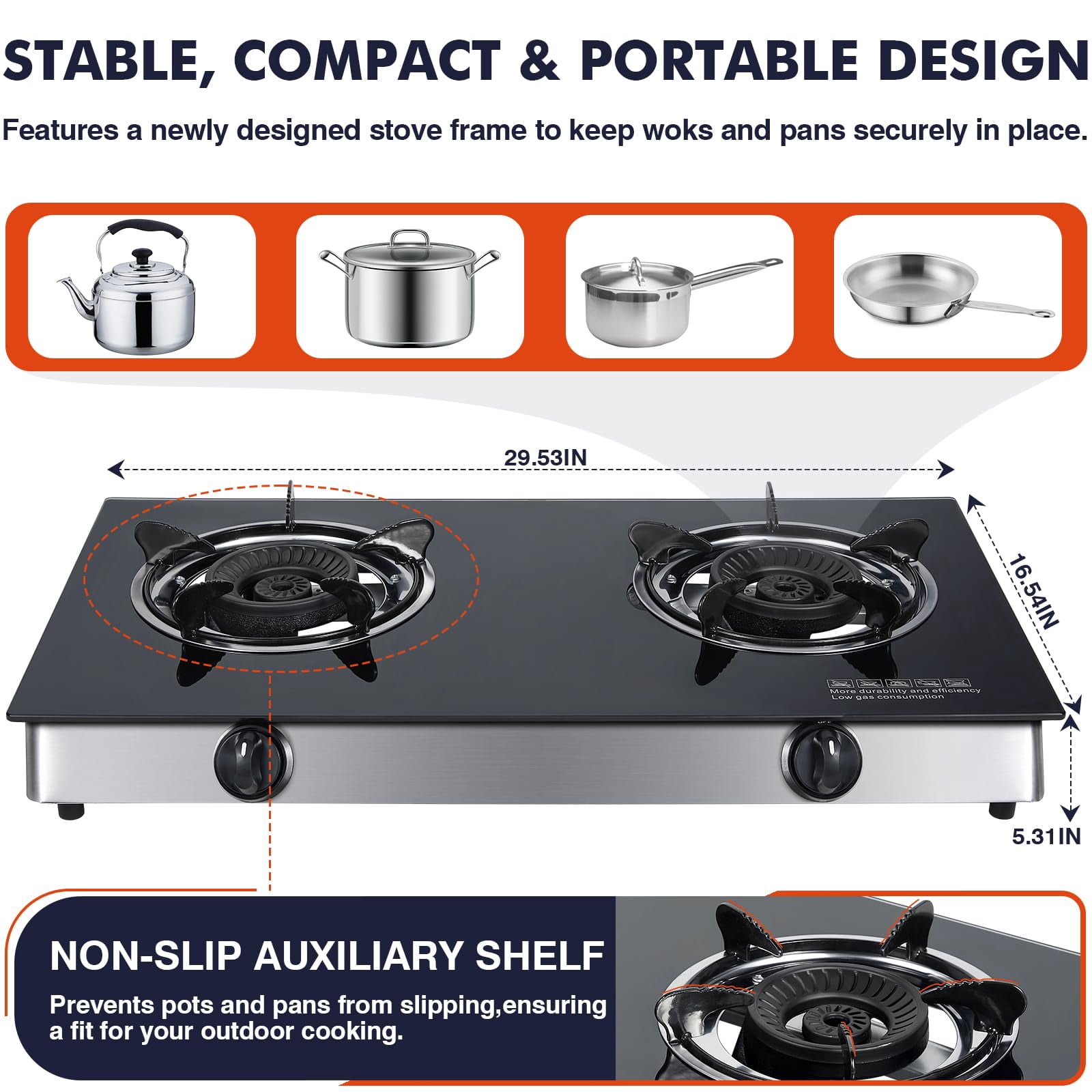 Frizi 2 Burner Propane Gas Cooktop, Portable  Double Burner Camping Stove with Auto Ignition, 19,000 BTU, CSA Certified Regulator & Hose,