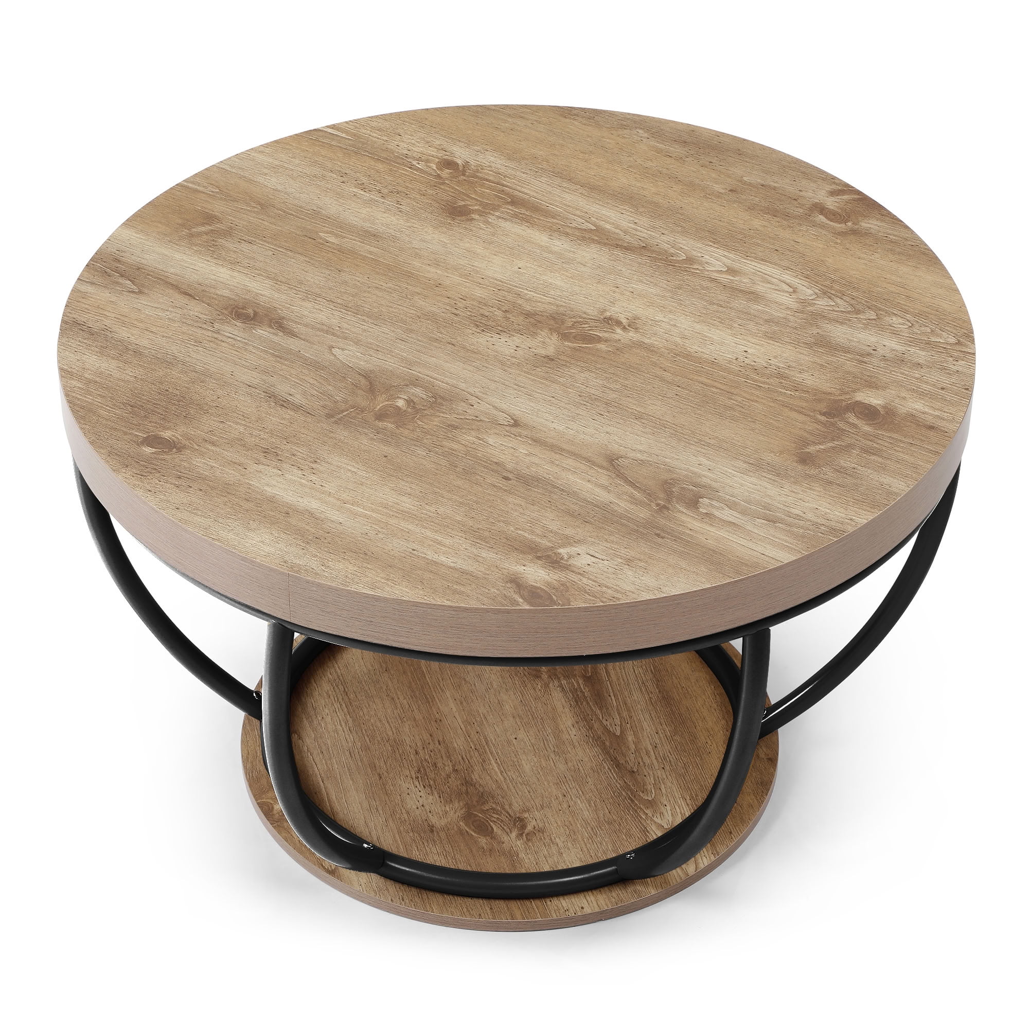 MAYEERTY 31 Inch Round Coffee Table, 2-Tier Cocktail Table with Metal Frame, Dual Storage Shelves for Living Room Apartment Home Office
