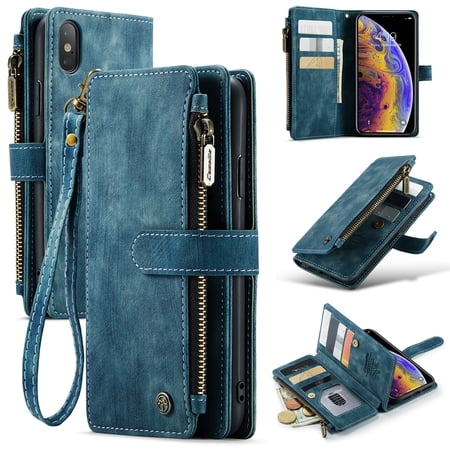 for iPhone XS Max Case Wallet for Women and Men, iPhone XS Max Case, PU Leather Magnetic Flip Strap Wristlet Zipper Card Holder Wallet Business Phone Cover for iPhone XS Max, Blue