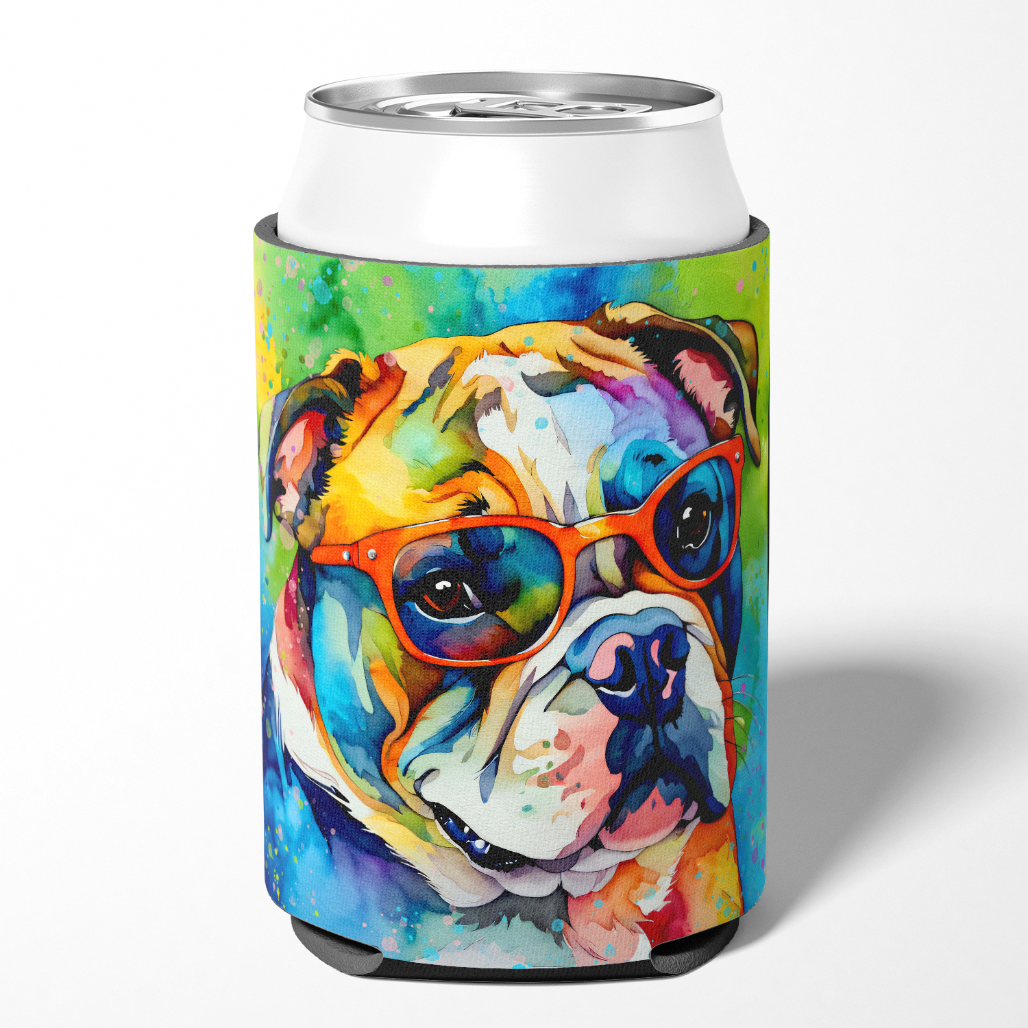 English Bulldog Hippie Dawg Can or Bottle Hugger 3 in x 5 in