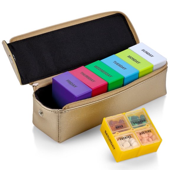 7 Day Pill Organizer - Daily Pill Planner Detachable Case with Four Compartments Pills & Vitamins Holder for Each Day of the Week, Travel Medication Reminder, Morning, Afternoon, Evening, Bed