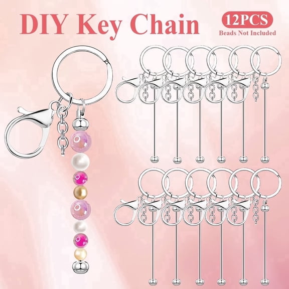 12 Pcs Beadable Keychain Bars DIY Blank Keychain Kit Beaded Keychains for Crafting Silver