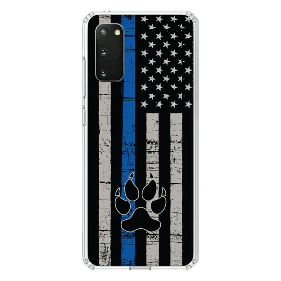 DistinctInk Clear Shockproof Hybrid Case for Galaxy S20 / S20 5G (6.2" Screen) - TPU Bumper, Acrylic Back, Tempered Glass Screen Protector - Thin Blue Line US Flag K9 Dog Paw - First Responders