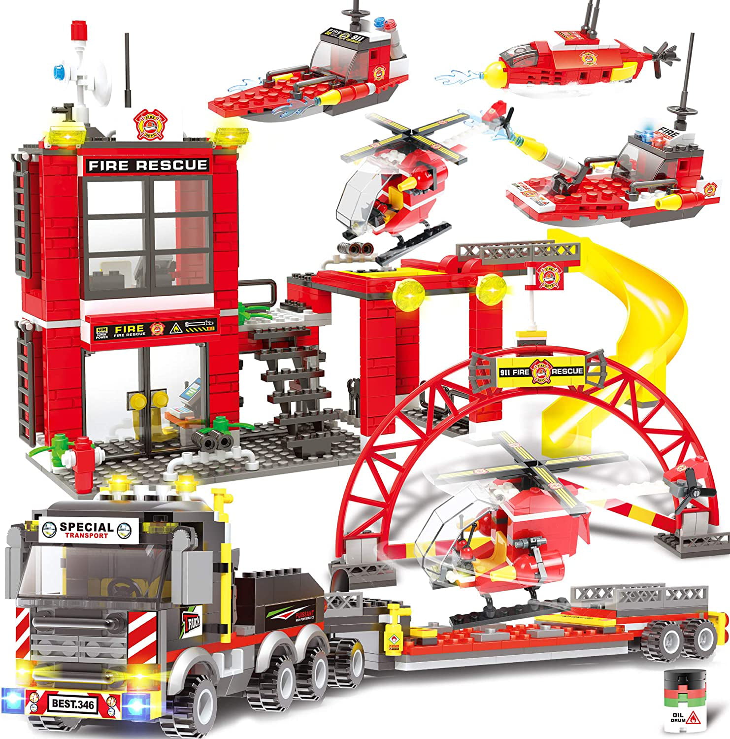 City Rescue Fire Building Blocks  361 Pieces Helicopter Fire Engine Truck 