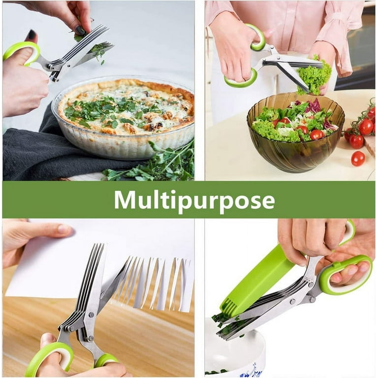 Herb Scissors, Multipurpose 5 Blade Kitchen Herb Shears Herb Cutter with  Safety Cover and Cleaning Comb for Chopping Basil Chive Parsley (Green) 