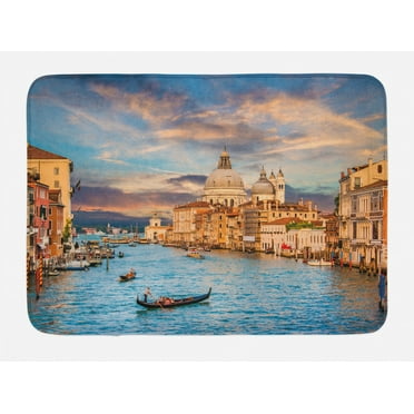 Venice Bath Mat, Gondola on Famous Canal Grande with Basilica di Santa Maria della Salute in Evening, Non-Slip Plush Mat Bathroom Kitchen Laundry Room Decor, 29.5 X 17.5 Inches, Blue Cream, Ambesonne