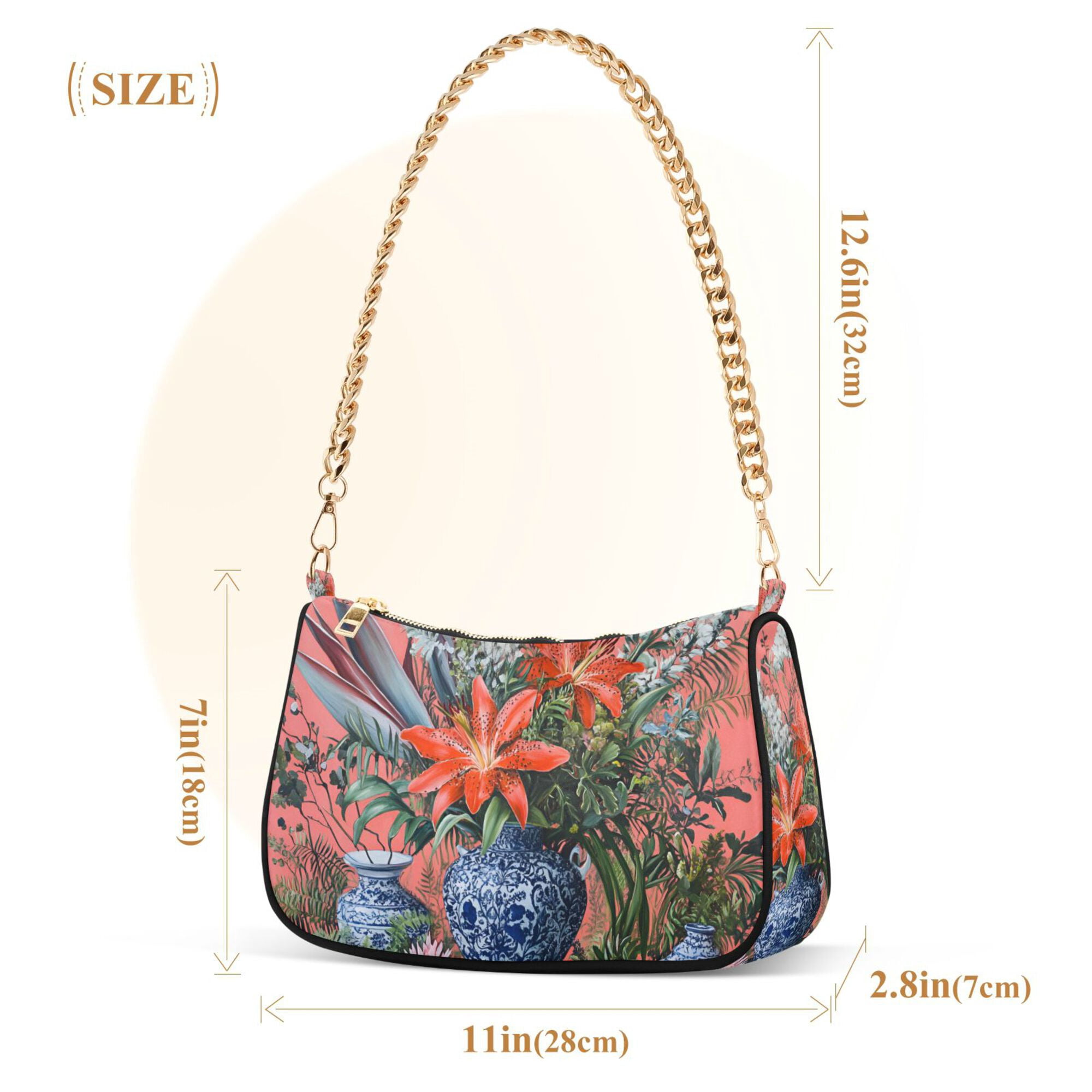 FORMRS Womens Shoulder Bag with Chain Strap Clutch Purse Cute Tote Handbag, Orange Vibrant Flowers