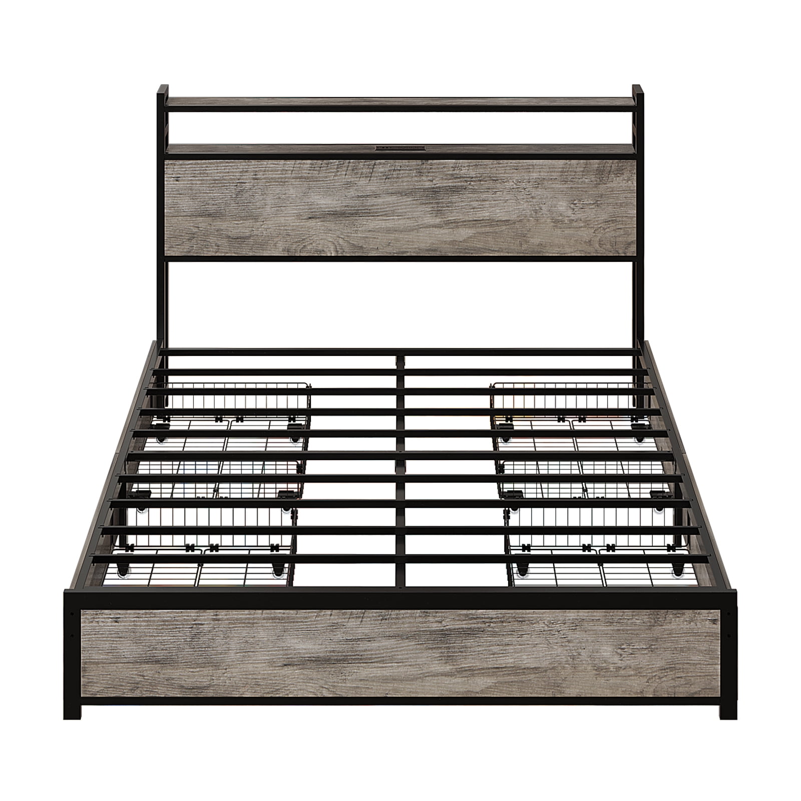 Ktaxon King Size Bed Frame with Charging Station & LED Storage Headboard, Metal Platform Bed Frame with 4 Underbed Drawers for bedroom, Gray
